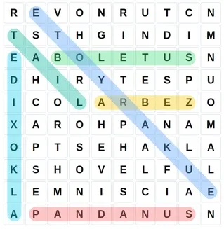 Word Search puzzle grid filled with random letters. Colorful highlights show found words hidden horizontally, vertically, or diagonally.